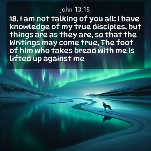 BasicEnglish Gospel of John  ; image nature: image with the bible verse :I am not talking of you all: I have knowledge of my true disciples, but things are as they are, so that the Writings may come true, The foot of him who takes bread with me is lifted up against me. ; Download stunning Bible verse images paired with nature scenes like rolling clouds, sparkling waters, and vibrant flower fields. These free images are perfect for spiritual reflection or wallpaper use. Share KJV Gospel of John 13:18. Current verse is overlayed with the thematic nature scene : Northern lights dance across a frozen lake in ribbons of green and purple. A lone wolf howls from the distant shore. ; 13:18