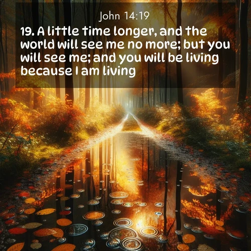 BBE Gospel of John 14:19 overlaying nature image scene: Autumn colors reflect in rain puddles on a forest path.;19. A little time longer, and the world will see me no more; but you will see me; and you will be living because I am living.