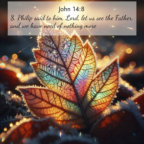 BasicEnglish Gospel of John  ; image nature: image with the bible verse :Philip said to him, Lord, let us see the Father, and we have need of nothing more. ; Explore an exceptional collection of Bible verse images accompanied by photos of nature, showcasing snowy mountains, serene forests, and still lakes. These images feature luminous tones and varied fonts to bring serenity and inspiration. Share uplifting verses like KJV Gospel of John 14:8. Current verse is overlayed with the thematic nature scene : Frost crystals form intricate patterns on a fallen leaf. Morning sun transforms them into rainbow prisms. ; 14:8