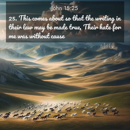 BasicEnglish Gospel of John  ; image nature: image with the bible verse :This comes about so that the writing in their law may be made true, Their hate for me was without cause. ; Access a vast collection of Bible verse images illustrated with natural landscapes like calm rivers, blooming fields, and bright horizons. These images emphasize the serenity and splendor of God&#039;s creation, accompanied by aesthetic fonts and joyful colors. Download verses like KJV Gospel of John 15:25 and share them. Current verse is overlayed with the thematic nature scene : Wild horses gallop across a high mountain plateau. Storm clouds gather ominously on the horizon. ; 15:25