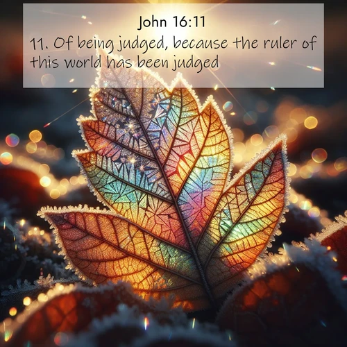 BBE Gospel of John 16:11 overlaying nature image scene: Frost crystals form intricate patterns on a fallen leaf. Morning sun transforms them into rainbow prisms.;11. Of being judged, because the ruler of this world has been judged.