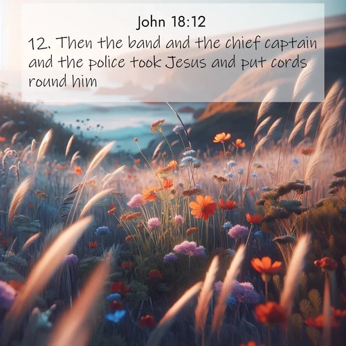 BasicEnglish Gospel of John  ; image nature: image with the bible verse :Then the band and the chief captain and the police took Jesus and put cords round him. ; Explore a unique collection of Bible verses illustrated by winter landscapes, such as snowy mountains, frosty forests, and starry skies. These images capture the peace and beauty of winter. Share verses like KJV Gospel of John 18:12. Current verse is overlayed with the thematic nature scene : Summer wildflowers wave in the breeze on coastal bluffs. ; 18:12