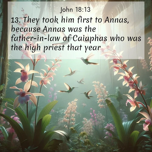 BasicEnglish Gospel of John  ; image nature: image with the bible verse :They took him first to Annas, because Annas was the father-in-law of Caiaphas who was the high priest that year. ; Browse beautiful Bible verse images accompanied by peaceful scenes like calm seas, ancient forests, and radiant horizons. Download high-quality, free images featuring verses such as KJV Gospel of John 18:13. Current verse is overlayed with the thematic nature scene : Wild orchids bloom in rainforest canopy. Hummingbirds dance between delicate petals. ; 18:13