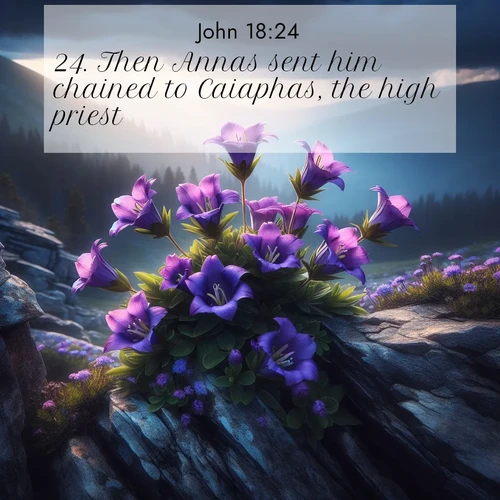 BasicEnglish Gospel of John  ; image nature: image with the bible verse :Then Annas sent him chained to Caiaphas, the high priest. ; Download high-resolution Bible verse images showcasing the beauty of God&#039;s creation—from radiant sunsets to tranquil rivers. Free for use as wallpapers or sharing verses like KJV Gospel of John 18:24. Current verse is overlayed with the thematic nature scene : Wild gentians bloom in rocky cracks. Summer storms gather above treeline. ; 18:24