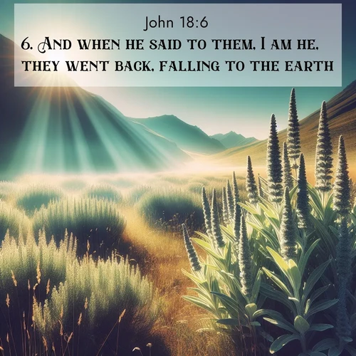 BasicEnglish Gospel of John  ; image nature: image with the bible verse :And when he said to them, I am he, they went back, falling to the earth. ; Browse beautiful Bible verse images accompanied by peaceful scenes like calm seas, ancient forests, and radiant horizons. Download high-quality, free images featuring verses such as KJV Gospel of John 18:6. Current verse is overlayed with the thematic nature scene : Summer heat brings out the scent of sage in mountain meadows. ; 18:6