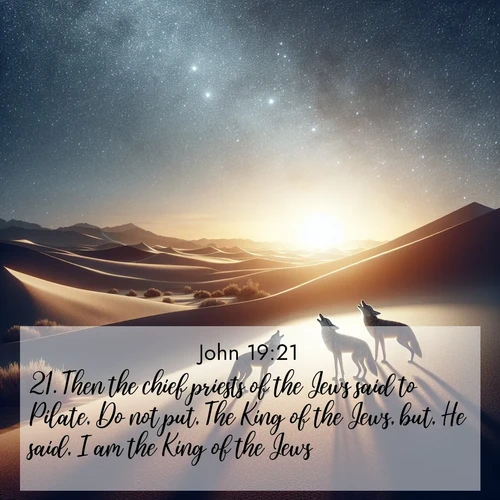 BBE Gospel of John 19:21 overlaying nature image scene: Desert coyotes sing to stars. Their voices echo through time.;21. Then the chief priests of the Jews said to Pilate, Do not put, The King of the Jews, but, He said, I am the King of the Jews.