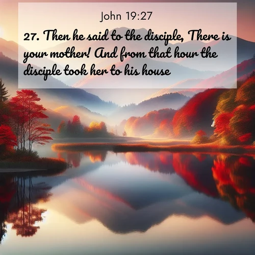 BBE Gospel of John 19:27 overlaying nature image scene: Autumn colors reflect in a still mountain lake at sunrise.;27. Then he said to the disciple, There is your mother! And from that hour the disciple took her to his house.