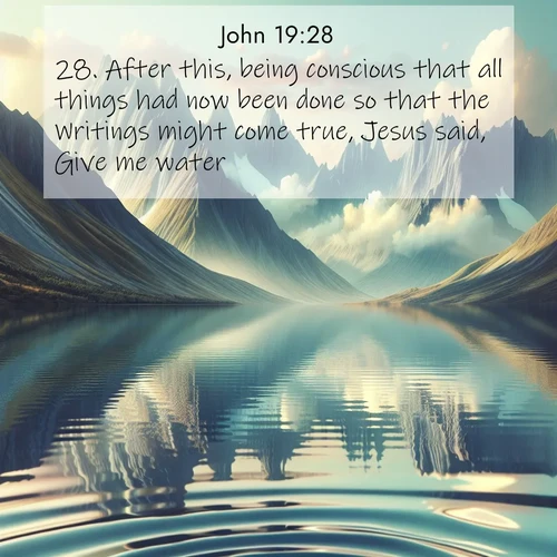 BBE Gospel of John 19:28 overlaying nature image scene: Mountain lakes mirror perfect peaks. Wind ripples shatter reflections.;28. After this, being conscious that all things had now been done so that the Writings might come true, Jesus said, Give me water.
