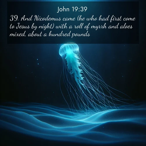 BBE Gospel of John 19:39 overlaying nature image scene: A lone jellyfish pulses through midnight waters. Its bioluminescent tendrils paint trails of azure light in the depths.;39. And Nicodemus came (he who had first come to Jesus by night) with a roll of myrrh and aloes mixed, about a hundred pounds.