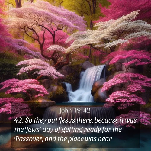 BasicEnglish Gospel of John  ; image nature: image with the bible verse :So they put Jesus there, because it was the Jews&#039; day of getting ready for the Passover, and the place was near. ; Discover Bible verse images capturing the warmth of summer, with beach landscapes, sunlit fields, and clear skies. These bright scenes reflect divine joy. Share verses like KJV Gospel of John 19:42. Current verse is overlayed with the thematic nature scene : A spring cascade plunges into a pool surrounded by flowering dogwood. ; 19:42
