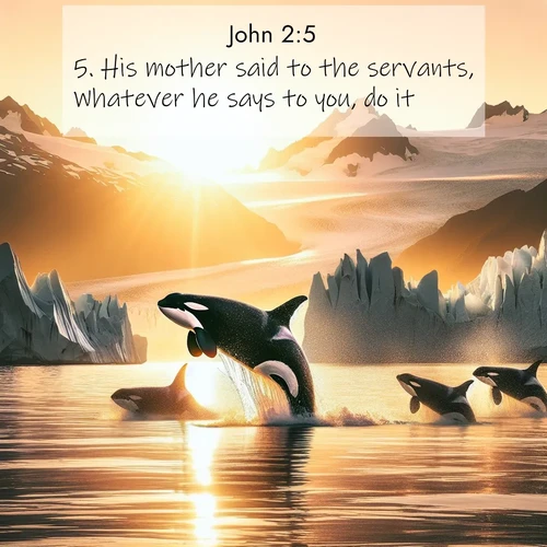 BBE Gospel of John 2:5 overlaying nature image scene: Wild orcas breach in sunset-painted waters. Their splashes echo off glacier walls.;5. His mother said to the servants, Whatever he says to you, do it.
