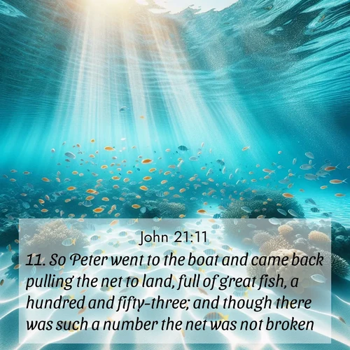 BasicEnglish Gospel of John  ; image nature: image with the bible verse :So Peter went to the boat and came back pulling the net to land, full of great fish, a hundred and fifty-three; and though there was such a number the net was not broken. ; Explore Bible verses paired with beach photos, where waves gently crash on the sand and the sky glows with pastel hues at sunset. These scenes convey deep serenity. Download verses like KJV Gospel of John 21:11. Current verse is overlayed with the thematic nature scene : Reef fish swirl in perfect formation through crystal waters. Sunlight creates shifting patterns on white sand below. ; 21:11