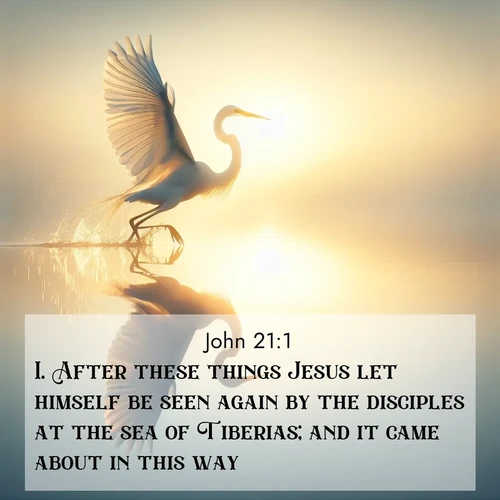 BasicEnglish Gospel of John  ; image nature: image with the bible verse :After these things Jesus let himself be seen again by the disciples at the sea of Tiberias; and it came about in this way. ; Admire Bible verse images capturing the beauty of beaches, with turquoise waters, palm trees, and peaceful shores. These soothing scenes reflect God&#039;s serenity and majesty. Download and share verses like KJV Gospel of John 21:1. Current verse is overlayed with the thematic nature scene : A great egret lifts from mirror-still water. Sunrise sets its wings ablaze. ; 21:1