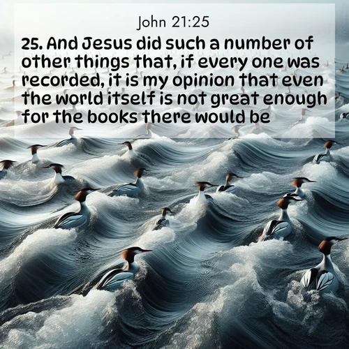 BasicEnglish Gospel of John  ; image nature: image with the bible verse :And Jesus did such a number of other things that, if every one was recorded, it is my opinion that even the world itself is not great enough for the books there would be. ; Access a vast collection of Bible verse images illustrated with natural landscapes like calm rivers, blooming fields, and bright horizons. These images emphasize the serenity and splendor of God&#039;s creation, accompanied by aesthetic fonts and joyful colors. Download verses like KJV Gospel of John 21:25 and share them. Current verse is overlayed with the thematic nature scene : Wild mergansers ride river rapids. Their wakes create endless patterns. ; 21:25