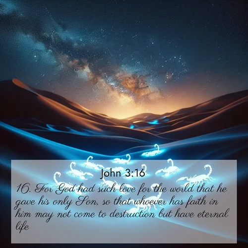 BasicEnglish Gospel of John  ; image nature: image with the bible verse :For God had such love for the world that he gave his only Son, so that whoever has faith in him may not come to destruction but have eternal life. ; Explore free Bible verse images with stunning nature themes, including sunlit paths, forest clearings, and endless horizons. Perfect for desktop backgrounds or phone wallpapers. Verses include KJV Gospel of John 3:16. Current verse is overlayed with the thematic nature scene : Desert scorpions glow under black light. Stars wheel in infinite darkness. ; 3:16