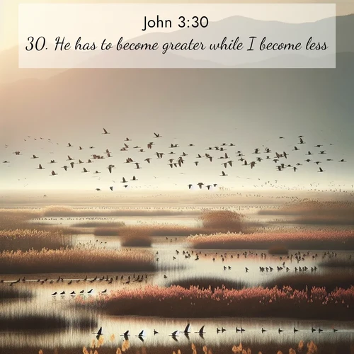 BasicEnglish Gospel of John  ; image nature: image with the bible verse :He has to become greater while I become less. ; Download Bible verse images paired with breathtaking nature photos like golden deserts, shimmering seas, and blossoming orchards. These high-quality, free images are perfect for wallpapers or sharing. Verses include KJV Gospel of John 3:30. Current verse is overlayed with the thematic nature scene : Spring migration fills marshlands with calling birds. ; 3:30