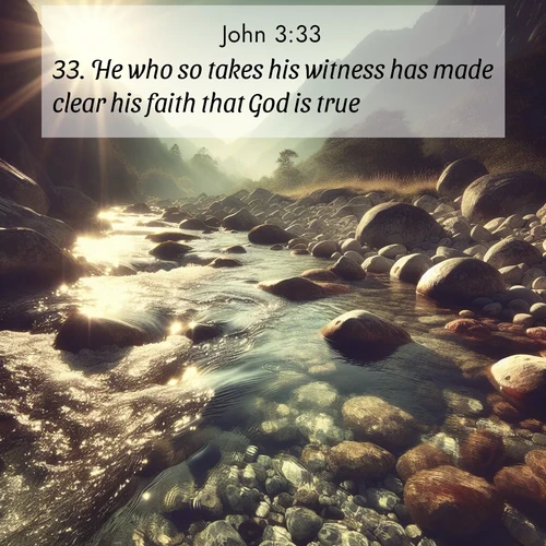 BasicEnglish Gospel of John  ; image nature: image with the bible verse :He who so takes his witness has made clear his faith that God is true. ; Discover our curated gallery of Bible verse images with breathtaking scenery, from tranquil deserts to lush green pastures. Perfect for phone wallpapers or sharing online. Download verses like KJV Gospel of John 3:33. Current verse is overlayed with the thematic nature scene : Mountain streams sing ancient songs. Sunlight dances through clear pools. ; 3:33