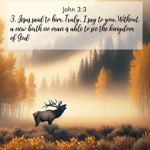 BasicEnglish Gospel of John  ; image nature: image with the bible verse :Jesus said to him, Truly, I say to you, Without a new birth no man is able to see the kingdom of God. ; Browse our library of beautiful Bible verse images, perfect for wallpapers or sharing. Each verse is paired with serene natural landscapes like misty mountains, calming beaches, and colorful sunsets. Download and enjoy verses such as KJV Gospel of John 3:3. Current verse is overlayed with the thematic nature scene : A bull elk bugles across a misty valley. Aspen leaves quake golden in response. ; 3:3