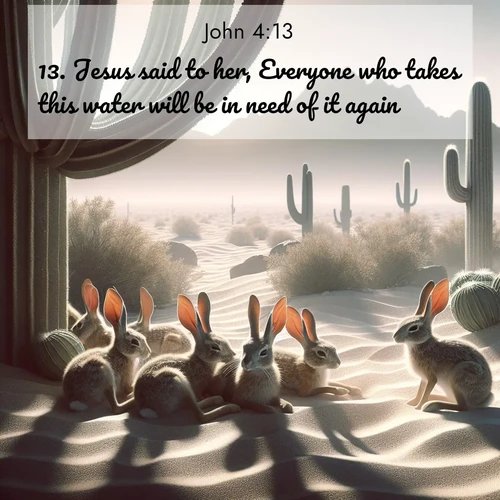 BasicEnglish Gospel of John  ; image nature: image with the bible verse :Jesus said to her, Everyone who takes this water will be in need of it again: ; Explore free Bible verse images with stunning nature themes, including sunlit paths, forest clearings, and endless horizons. Perfect for desktop backgrounds or phone wallpapers. Verses include KJV Gospel of John 4:13. Current verse is overlayed with the thematic nature scene : Desert jackrabbits rest in cactus shade. Heat waves distort distant peaks. ; 4:13