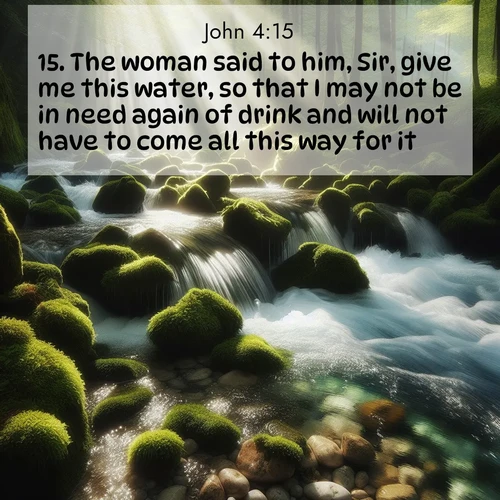 BasicEnglish Gospel of John  ; image nature: image with the bible verse :The woman said to him, Sir, give me this water, so that I may not be in need again of drink and will not have to come all this way for it. ; Discover Bible verse images capturing the warmth of summer, with beach landscapes, sunlit fields, and clear skies. These bright scenes reflect divine joy. Share verses like KJV Gospel of John 4:15. Current verse is overlayed with the thematic nature scene : A mountain stream tumbles through moss-covered stones. Sunlight dapples the crystal-clear water. ; 4:15