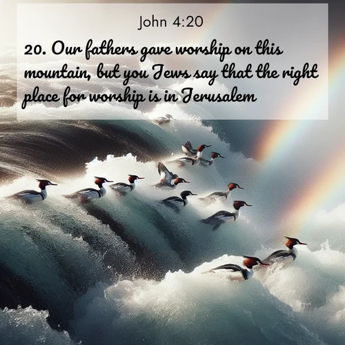 BasicEnglish Gospel of John  ; image nature: image with the bible verse :Our fathers gave worship on this mountain, but you Jews say that the right place for worship is in Jerusalem. ; Dive into a gallery of Bible verses illustrated by tropical beach scenes, featuring sparkling waves, seashells, and radiant sunrises. These images evoke divine peace and joy. Download and share inspiring verses like KJV Gospel of John 4:20. Current verse is overlayed with the thematic nature scene : Wild mergansers ride white water rapids. Spray creates endless rainbows. ; 4:20