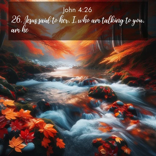 BasicEnglish Gospel of John  ; image nature: image with the bible verse :Jesus said to her, I, who am talking to you, am he. ; Discover inspiring Bible verse images featuring natural wonders like lush forests, sunny horizons, and cascading waterfalls. Perfect for wallpapers or spiritual encouragement. Download verses like KJV Gospel of John 4:26. Current verse is overlayed with the thematic nature scene : Autumn leaves swirl in eddies along a mountain stream. ; 4:26