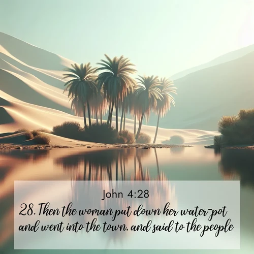 BasicEnglish Gospel of John  ; image nature: image with the bible verse :Then the woman put down her water-pot and went into the town, and said to the people, ; Admire our free collection of Bible verse images with beautiful landscapes like sunlit forests, rippling waters, and radiant dawns. Each verse, such as KJV Gospel of John 4:28, is ready to download and share. Current verse is overlayed with the thematic nature scene : A desert oasis shimmers in the midday heat, palm fronds rustling above still waters. ; 4:28