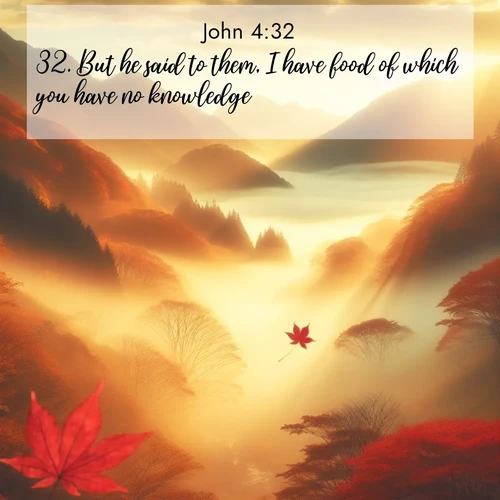 BasicEnglish Gospel of John  ; image nature: image with the bible verse :But he said to them, I have food of which you have no knowledge. ; Explore free Bible verse images with stunning nature themes, including sunlit paths, forest clearings, and endless horizons. Perfect for desktop backgrounds or phone wallpapers. Verses include KJV Gospel of John 4:32. Current verse is overlayed with the thematic nature scene : Autumn fog fills a mountain valley. A red maple leaf drifts through golden light. ; 4:32