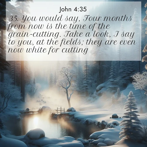 BasicEnglish Gospel of John  ; image nature: image with the bible verse :You would say, Four months from now is the time of the grain-cutting. Take a look, I say to you, at the fields; they are even now white for cutting. ; Explore a collection of inspiring Bible verse images accompanied by winter photos, such as snowy landscapes, frosted trees, and frozen lakes. These images reflect the peace and purity of God&#039;s creation, with elegant fonts and luminous colors. Download and share verses like KJV Gospel of John 4:35. Current verse is overlayed with the thematic nature scene : Morning mist rises from a hot spring in a snow-covered forest. ; 4:35