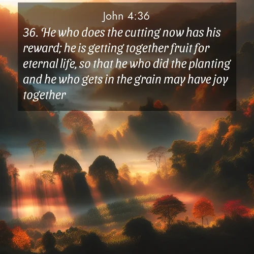 BasicEnglish Gospel of John  ; image nature: image with the bible verse :He who does the cutting now has his reward; he is getting together fruit for eternal life, so that he who did the planting and he who gets in the grain may have joy together. ; Explore winter-themed Bible verse images illustrated by snowy mountains, frost-covered branches, and clear skies. These landscapes reflect divine purity and peace. Download verses like KJV Gospel of John 4:36. Current verse is overlayed with the thematic nature scene : Autumn mist rises from warming morning valleys. ; 4:36