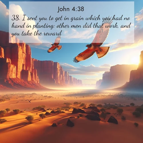 BasicEnglish Gospel of John  ; image nature: image with the bible verse :I sent you to get in grain which you had no hand in planting: other men did that work, and you take the reward. ; Discover a gallery of Bible verse images showcasing the beauty of autumn, with golden leaves, red forests, and peaceful fields bathed in soft light. These soothing scenes are perfect for accompanying inspiring verses like KJV Gospel of John 4:38. Current verse is overlayed with the thematic nature scene : Desert hawks soar thermal currents. Red cliffs catch golden light. ; 4:38