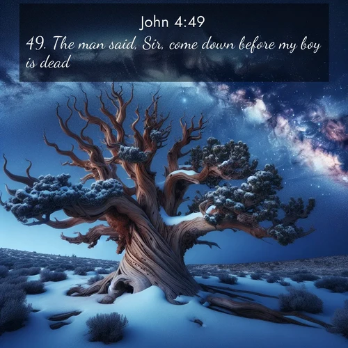 BasicEnglish Gospel of John  ; image nature: image with the bible verse :The man said, Sir, come down before my boy is dead. ; Discover breathtaking Bible verse images combined with vibrant landscapes like rolling hills, blooming gardens, and starry nights. Use them as wallpapers or to inspire others. Download verses like KJV Gospel of John 4:49. Current verse is overlayed with the thematic nature scene : Ancient bristlecone pine twists against a navy twilight sky, its gnarled branches laden with fresh snow. The Milky Way arcs overhead in crystalline clarity. ; 4:49