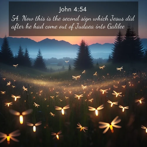 BasicEnglish Gospel of John  ; image nature: image with the bible verse :Now this is the second sign which Jesus did after he had come out of Judaea into Galilee. ; Download Bible verse images paired with breathtaking nature photos like golden deserts, shimmering seas, and blossoming orchards. These high-quality, free images are perfect for wallpapers or sharing. Verses include KJV Gospel of John 4:54. Current verse is overlayed with the thematic nature scene : Lightning bugs rise from summer meadows at dusk. Their lights dance like earthbound stars. ; 4:54
