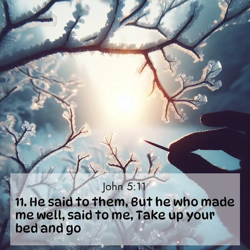 BasicEnglish Gospel of John  ; image nature: image with the bible verse :He said to them, But he who made me well, said to me, Take up your bed and go. ; Discover beautiful Bible verse images enriched with natural landscapes, from serene beaches to cascading waterfalls. All images are free and ready to download. Share verses such as KJV Gospel of John 5:11. Current verse is overlayed with the thematic nature scene : Winter sunrise glows through ice-coated branches. ; 5:11