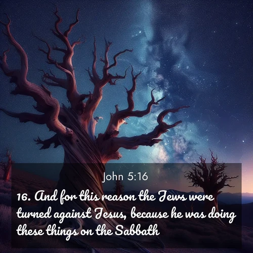 BasicEnglish Gospel of John  ; image nature: image with the bible verse :And for this reason the Jews were turned against Jesus, because he was doing these things on the Sabbath. ; Download inspiring Bible verse images featuring stunning natural vistas, from tropical islands to rolling hills. These free images make perfect wallpapers or gifts. Share verses like KJV Gospel of John 5:16. Current verse is overlayed with the thematic nature scene : Ancient bristlecone pines twist toward stars. Time stands still in their presence. ; 5:16