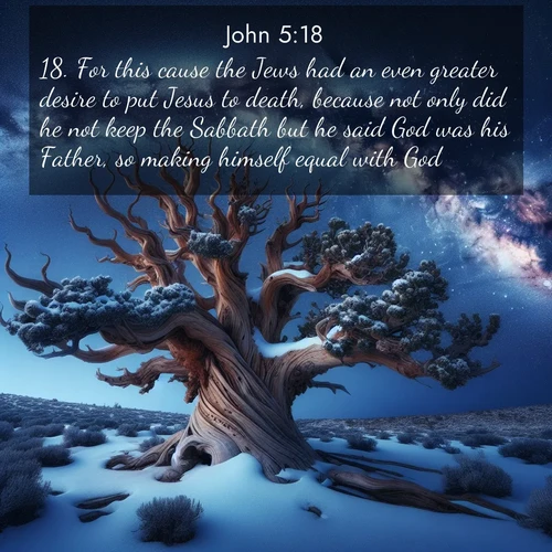 BasicEnglish Gospel of John  ; image nature: image with the bible verse :For this cause the Jews had an even greater desire to put Jesus to death, because not only did he not keep the Sabbath but he said God was his Father, so making himself equal with God. ; Admire stunning Bible verse images paired with photos of peaceful landscapes, such as foggy mornings, serene rivers, and blooming gardens. Download these free images and share verses like KJV Gospel of John 5:18. Current verse is overlayed with the thematic nature scene : Ancient bristlecone pine twists against a navy twilight sky, its gnarled branches laden with fresh snow. The Milky Way arcs overhead in crystalline clarity. ; 5:18