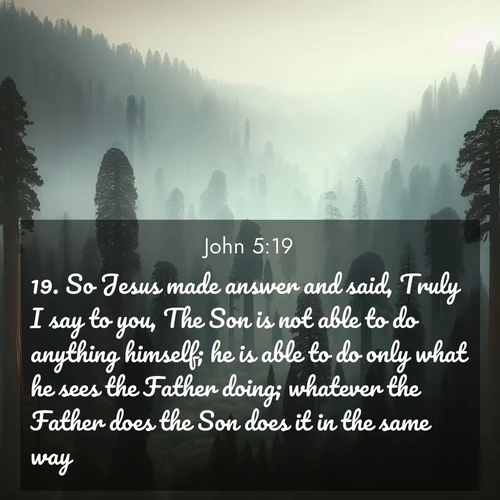 BasicEnglish Gospel of John  ; image nature: image with the bible verse :So Jesus made answer and said, Truly I say to you, The Son is not able to do anything himself; he is able to do only what he sees the Father doing; whatever the Father does the Son does it in the same way. ; Download high-resolution Bible verse images showcasing the beauty of God&#039;s creation—from radiant sunsets to tranquil rivers. Free for use as wallpapers or sharing verses like KJV Gospel of John 5:19. Current verse is overlayed with the thematic nature scene : Ancient sequoias pierce through valley fog. Centuries of growth reach for filtered light. ; 5:19