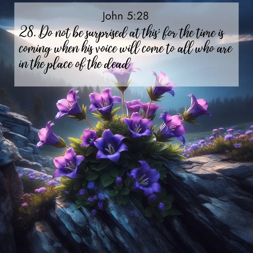 BasicEnglish Gospel of John  ; image nature: image with the bible verse :Do not be surprised at this: for the time is coming when his voice will come to all who are in the place of the dead, ; Download Bible verse images featuring vibrant photos of nature, from snowy landscapes to golden deserts. These free images are perfect for phone wallpapers, desktop backgrounds, or sharing. Verses include KJV Gospel of John 5:28. Current verse is overlayed with the thematic nature scene : Wild gentians bloom in rocky cracks. Summer storms gather above treeline. ; 5:28