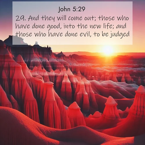 BasicEnglish Gospel of John  ; image nature: image with the bible verse :And they will come out; those who have done good, into the new life; and those who have done evil, to be judged. ; Admire Bible images representing autumn, with swirling leaves, misty skies, and vibrant trees. These images inspire profound spiritual reflection. Download and share verses like KJV Gospel of John 5:29. Current verse is overlayed with the thematic nature scene : Wind-carved hoodoos stand like sentinels in the painted desert. Their red-rock spires catch the last rays of sunset. ; 5:29