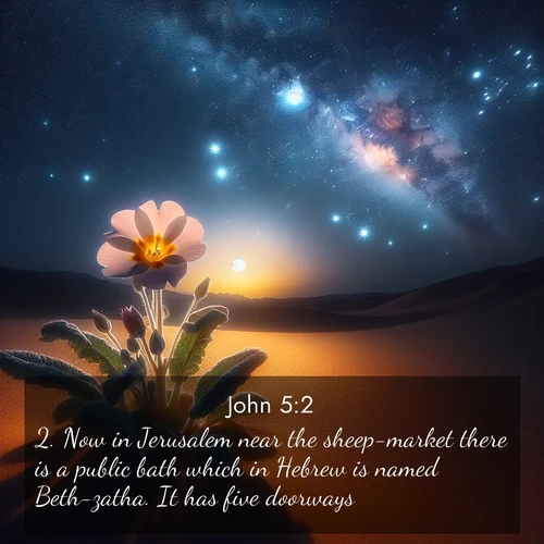 BasicEnglish Gospel of John  ; image nature: image with the bible verse :Now in Jerusalem near the sheep-market there is a public bath which in Hebrew is named Beth-zatha. It has five doorways. ; Discover beautiful Bible verse images enriched with natural landscapes, from serene beaches to cascading waterfalls. All images are free and ready to download. Share verses such as KJV Gospel of John 5:2. Current verse is overlayed with the thematic nature scene : Desert primrose opens to stars. Night wind carries sweet perfume. ; 5:2
