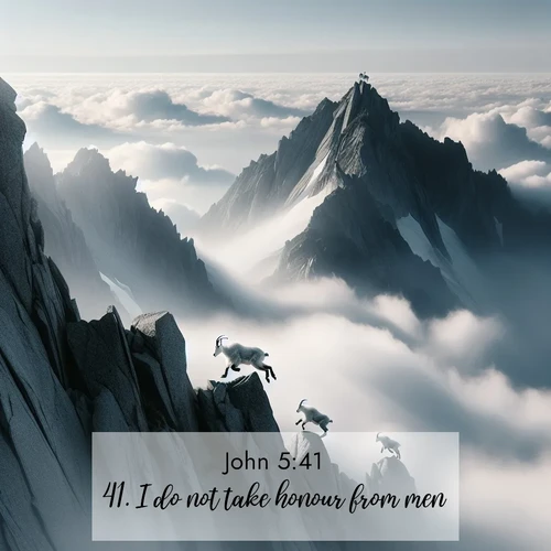 BasicEnglish Gospel of John  ; image nature: image with the bible verse :I do not take honour from men; ; Discover inspiring Bible verse images featuring natural wonders like lush forests, sunny horizons, and cascading waterfalls. Perfect for wallpapers or spiritual encouragement. Download verses like KJV Gospel of John 5:41. Current verse is overlayed with the thematic nature scene : Mountain goats navigate impossible peaks. Clouds swirl beneath their sure feet. ; 5:41