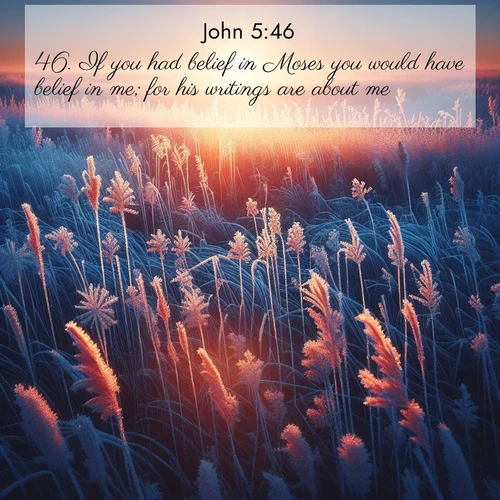 BasicEnglish Gospel of John  ; image nature: image with the bible verse :If you had belief in Moses you would have belief in me; for his writings are about me. ; Browse an inspiring gallery of Bible verse images with nature photos, such as blooming gardens, golden deserts, and shaded forests. The chosen images capture the peaceful and joyful essence of God&#039;s creation, with vibrant colors and harmonious fonts. Share verses like KJV Gospel of John 5:46. Current verse is overlayed with the thematic nature scene : Winter sunrise illuminates frost-covered prairie grass. ; 5:46