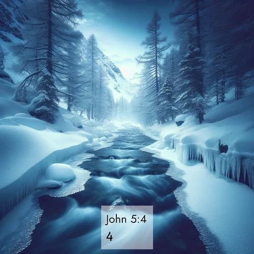 BasicEnglish Gospel of John  ; image nature: image with the bible verse :[] ; Explore a stunning collection of Bible verse images featuring picturesque scenery like sun-drenched meadows, tranquil lakes, and majestic forests. All images are free to download and share. Verses include KJV Gospel of John 5:4. Current verse is overlayed with the thematic nature scene : A mountain stream disappears beneath winter ice. Its song continues in hidden chambers. ; 5:4