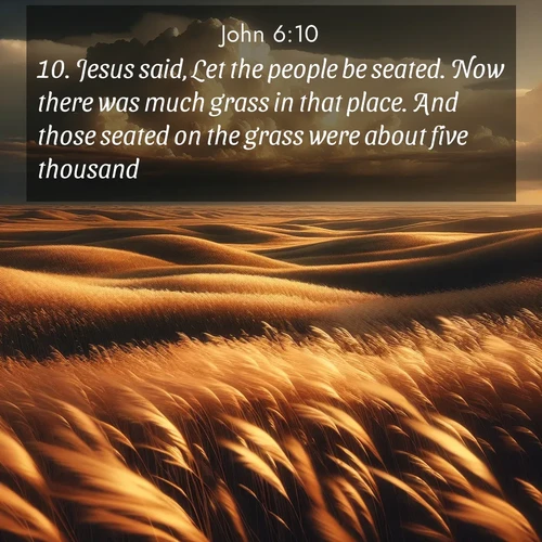 BasicEnglish Gospel of John  ; image nature: image with the bible verse :Jesus said, Let the people be seated. Now there was much grass in that place. And those seated on the grass were about five thousand. ; Admire our autumnal collection of Bible verse images accompanied by photos of paths lined with red and yellow leaves, fiery forests, and calm rivers. These images inspire reflection and serenity. Share verses like KJV Gospel of John 6:10. Current verse is overlayed with the thematic nature scene : Prairie grass waves like a golden ocean. Storm clouds build towers on the horizon. ; 6:10