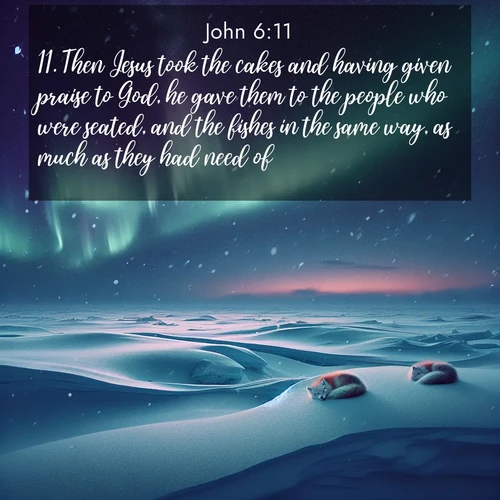 BasicEnglish Gospel of John  ; image nature: image with the bible verse :Then Jesus took the cakes and having given praise to God, he gave them to the people who were seated, and the fishes in the same way, as much as they had need of. ; Admire our autumnal collection of Bible verse images accompanied by photos of paths lined with red and yellow leaves, fiery forests, and calm rivers. These images inspire reflection and serenity. Share verses like KJV Gospel of John 6:11. Current verse is overlayed with the thematic nature scene : Northern lights dance across the frozen tundra in ribbons of green and purple. Snow falls silently on sleeping arctic foxes. ; 6:11