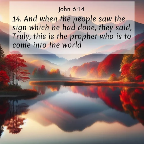 BasicEnglish Gospel of John  ; image nature: image with the bible verse :And when the people saw the sign which he had done, they said, Truly, this is the prophet who is to come into the world. ; Discover a unique collection of Bible verses adorned with winter landscapes, such as snow-covered forests, gently falling snowflakes, and pristine mountains. These images evoke the peace and purity of God&#039;s creation. Share verses like KJV Gospel of John 6:14. Current verse is overlayed with the thematic nature scene : Autumn colors reflect in a still mountain lake at sunrise. ; 6:14