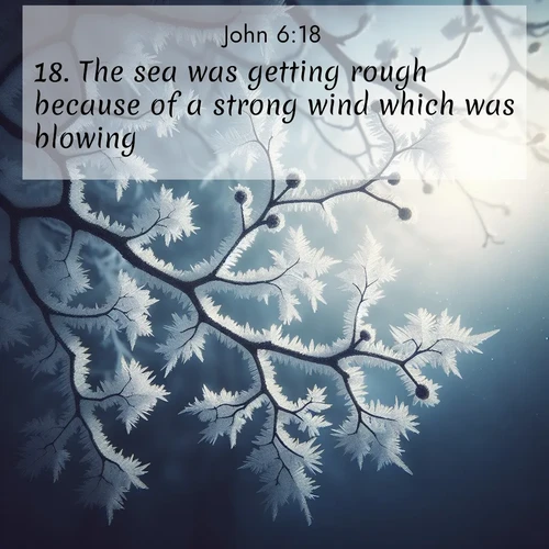BasicEnglish Gospel of John  ; image nature: image with the bible verse :The sea was getting rough because of a strong wind which was blowing. ; Admire our gallery of Bible verse images showcasing divine beauty in nature—whether snowy peaks or serene oceans. Each image is freely downloadable and perfect for personal or spiritual use. Share verses like KJV Gospel of John 6:18. Current verse is overlayed with the thematic nature scene : Winter frost coats bare branches in delicate crystal. ; 6:18