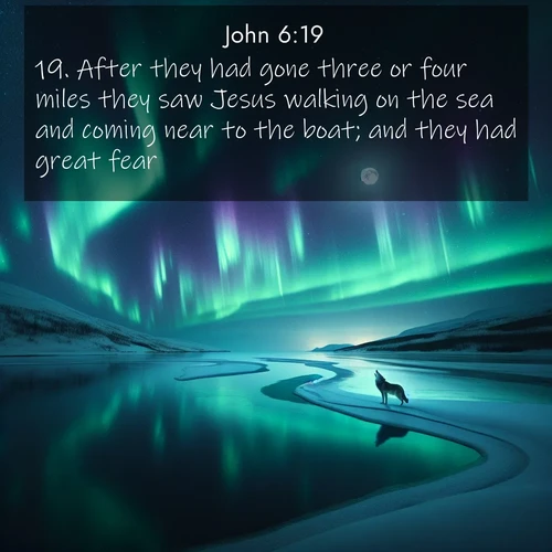 BasicEnglish Gospel of John  ; image nature: image with the bible verse :After they had gone three or four miles they saw Jesus walking on the sea and coming near to the boat; and they had great fear. ; Explore a stunning collection of Bible verse images featuring picturesque scenery like sun-drenched meadows, tranquil lakes, and majestic forests. All images are free to download and share. Verses include KJV Gospel of John 6:19. Current verse is overlayed with the thematic nature scene : Northern lights dance across a frozen lake in ribbons of green and purple. A lone wolf howls from the distant shore. ; 6:19