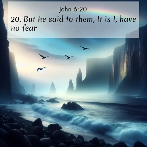 BasicEnglish Gospel of John  ; image nature: image with the bible verse :But he said to them, It is I, have no fear. ; Explore Bible verse images beautifully illustrated with spring scenes, such as blooming meadows, trees in full bloom, and tranquil streams. These landscapes convey divine hope and vitality. Download and share verses like KJV Gospel of John 6:20. Current verse is overlayed with the thematic nature scene : Ocean waves crash against volcanic cliffs as seabirds wheel overhead, creating momentary rainbows. ; 6:20