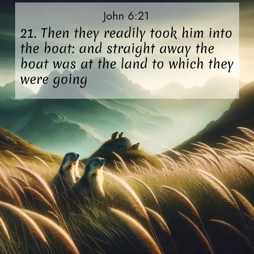 BasicEnglish Gospel of John  ; image nature: image with the bible verse :Then they readily took him into the boat: and straight away the boat was at the land to which they were going. ; Dive into our collection of Bible verses paired with breathtaking desert landscapes, featuring infinite dunes, shaded oases, and desert sunsets. These images highlight the majestic grandeur of God&#039;s creation. Download and share verses like KJV Gospel of John 6:21. Current verse is overlayed with the thematic nature scene : Mountain meadow grasses bend in wind. Marmots whistle from rocky outcrops. ; 6:21